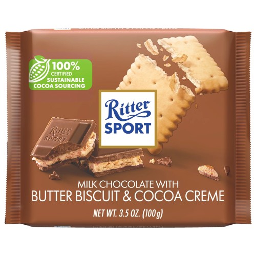 RITTER SPORT MILK CHOCOLATE WITH BUTTER BISCUIT & COCOA CREME