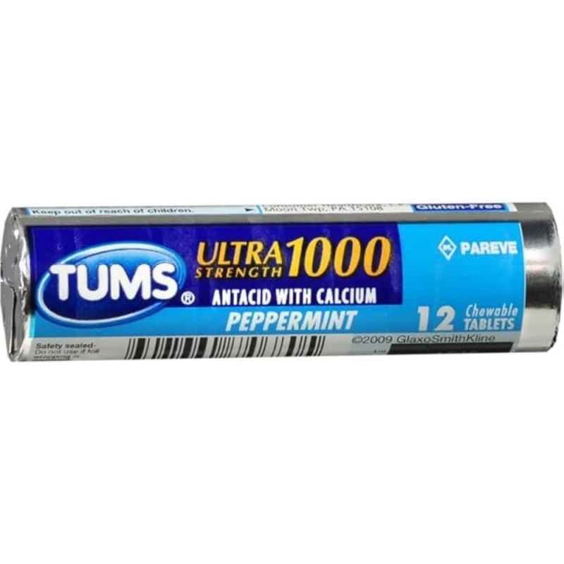 TUMS Ultra Strength Peppermint Antacid Chewable Tablets for Heartburn Relief, 12 count (pack of 12)