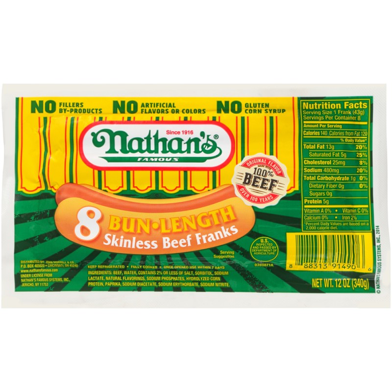 Nathans, 8 Bun Length Skinless Beef Franks, 12 Oz